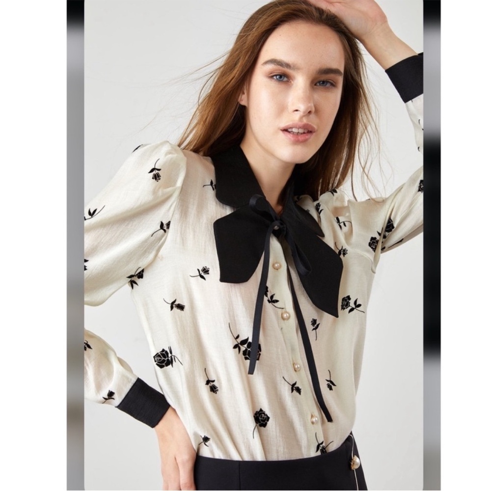 J.ING Bow Tie Blouse Cream Floral Pearl Button Romantic Office Top Small